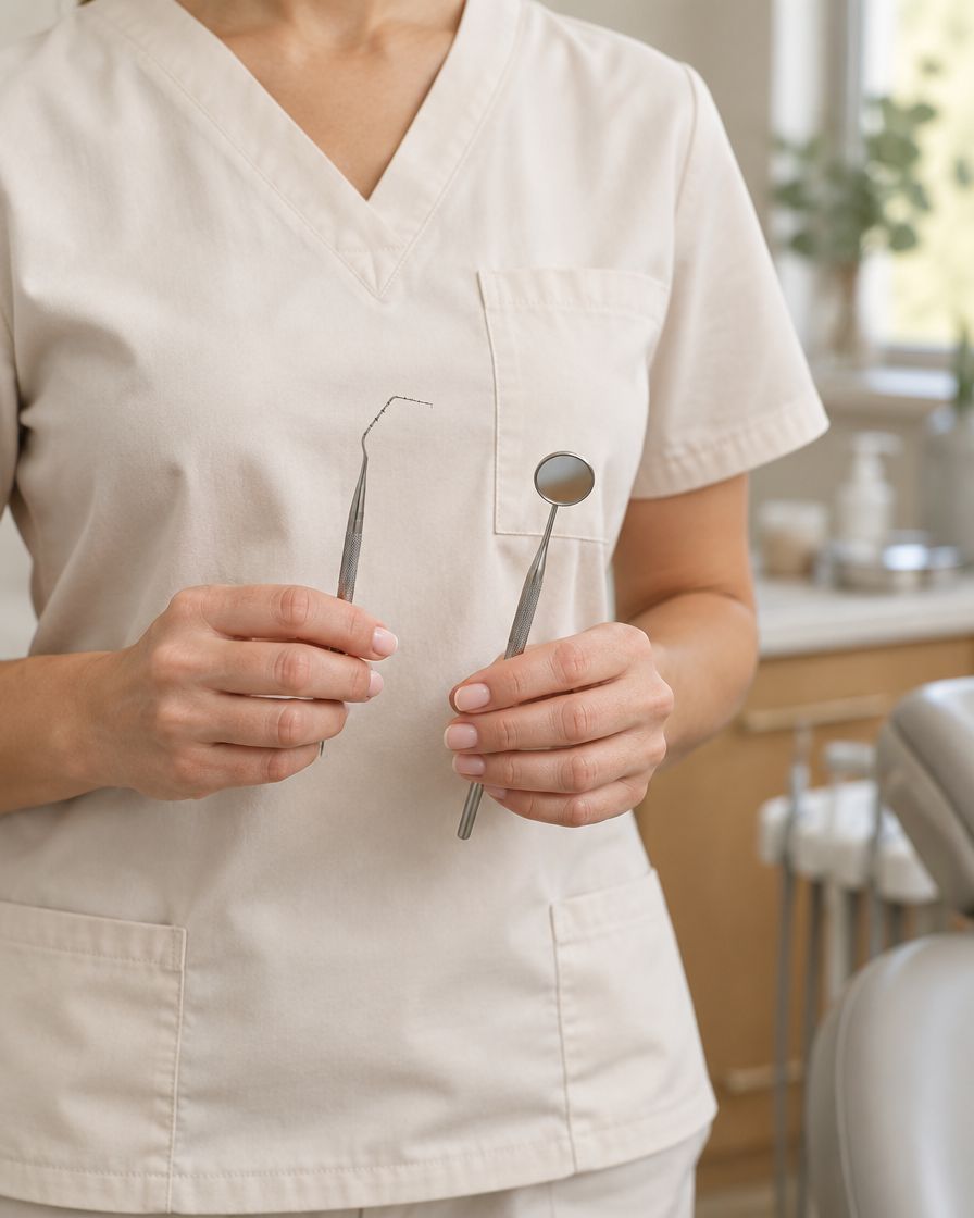Mondhygiënist met parodontale sonde en spiegel
